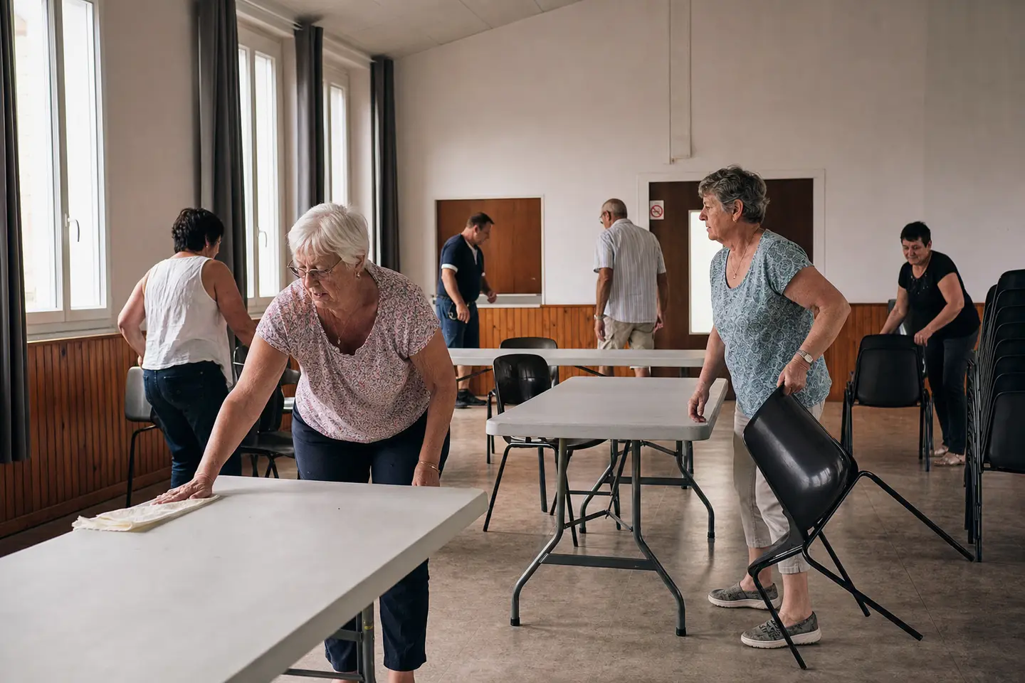Salle municipale mise à disposition d'une association, tables pliantes et chaises empilées, bénévoles préparant le local, illustration de l'occupation d'un local associatif