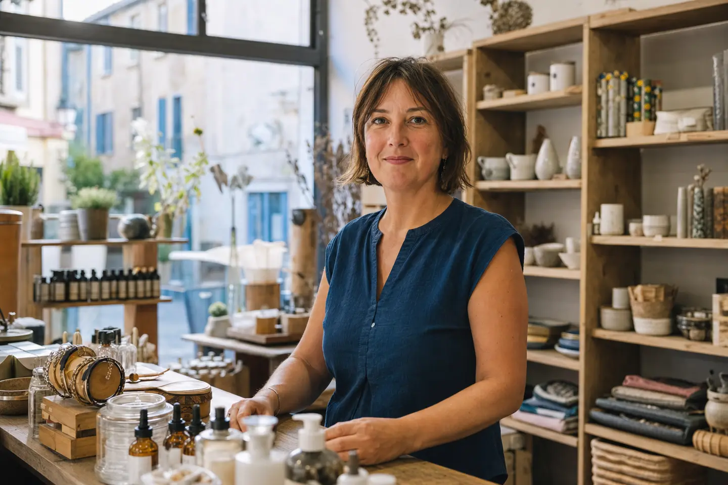 Commerçante derrière le comptoir de sa boutique avec vitrine et marchandises, illustrant l'assurance d'un local professionnel