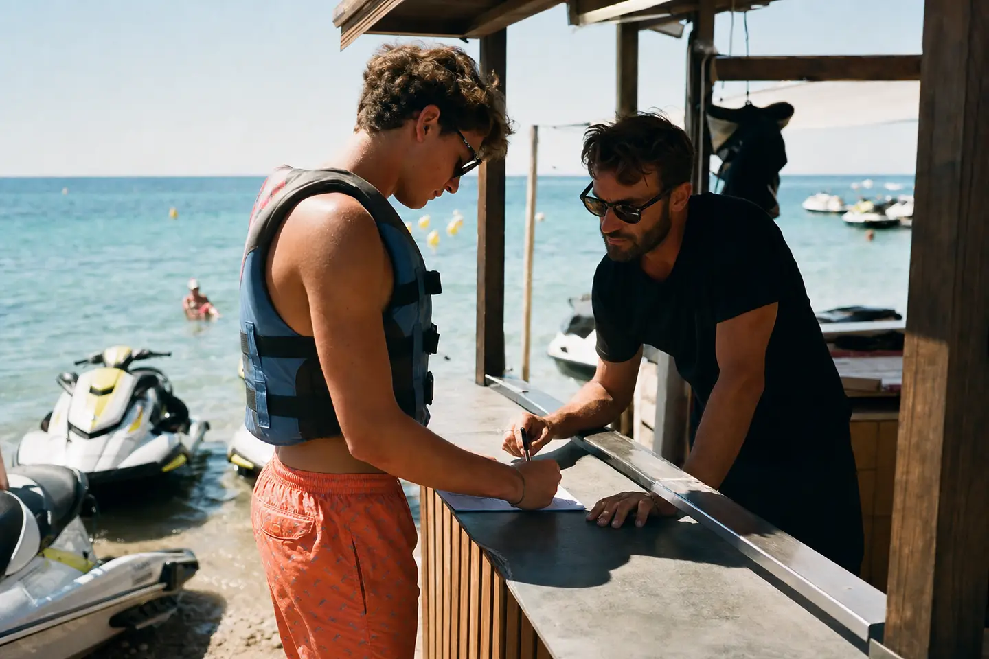 Client en gilet de sauvetage signant un contrat de location de jet-ski sur une base nautique de plage en France, machines alignées au bord de l'eau