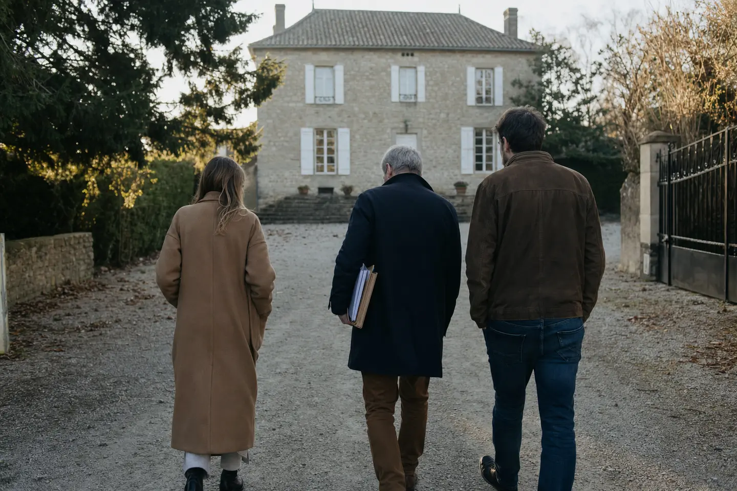 Héritiers et notaire devant une maison de famille en succession, dont l'assurance a été transférée à l'indivision