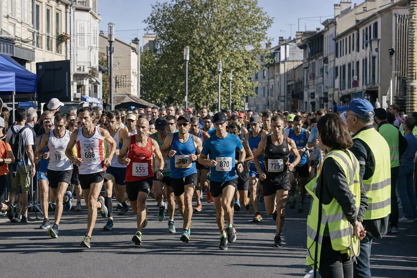 Départ d'une course à pied amateur dans une rue fermée d'une ville française, coureurs avec dossards et signaleurs en gilet, illustration de l'organisation d'une manifestation sportive