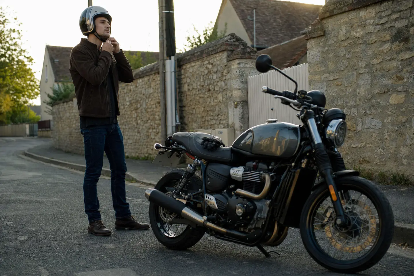 Motard s’équipant avant un trajet unique, usage type de l’assurance moto 1 jour