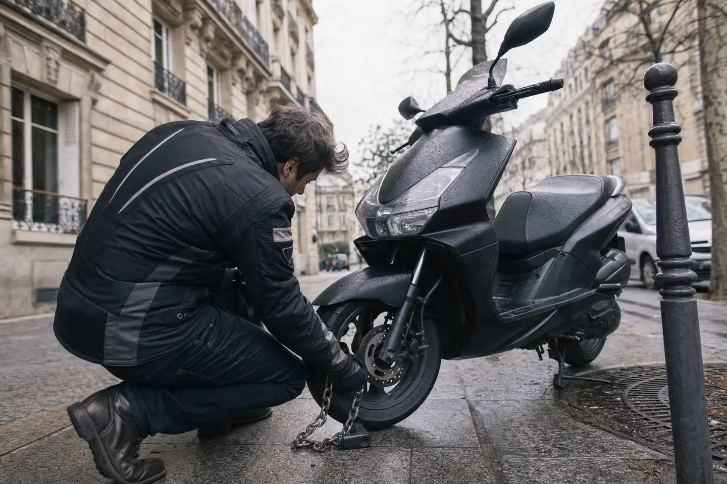 Conducteur attachant son scooter 125 avec une chaîne antivol sur un boulevard parisien
