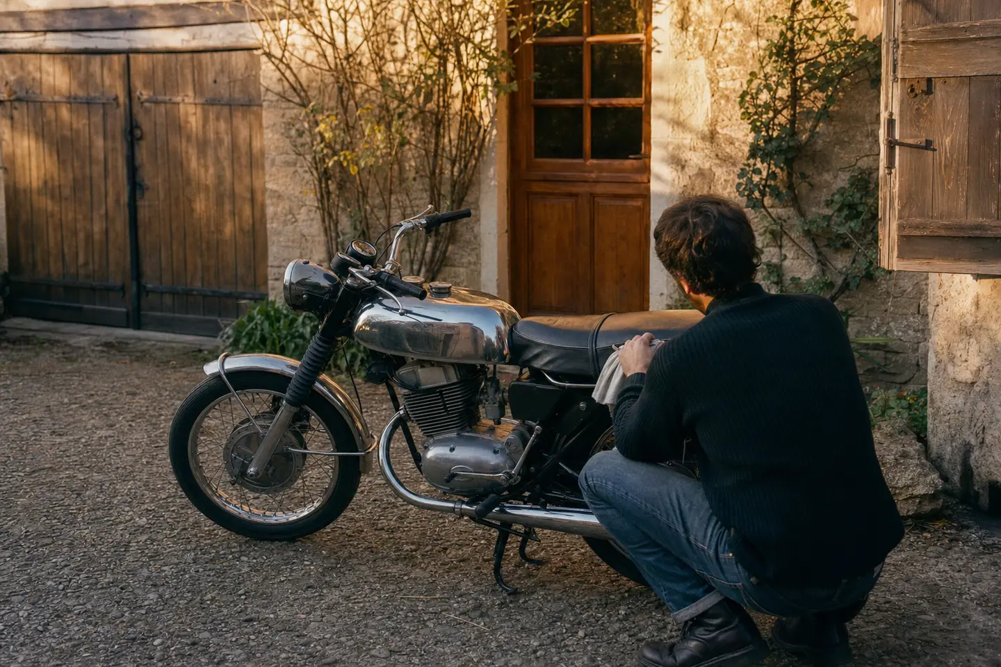 Moto ancienne des années 1970 entretenue dans une cour, éligible à une assurance collection sans carte grise collection