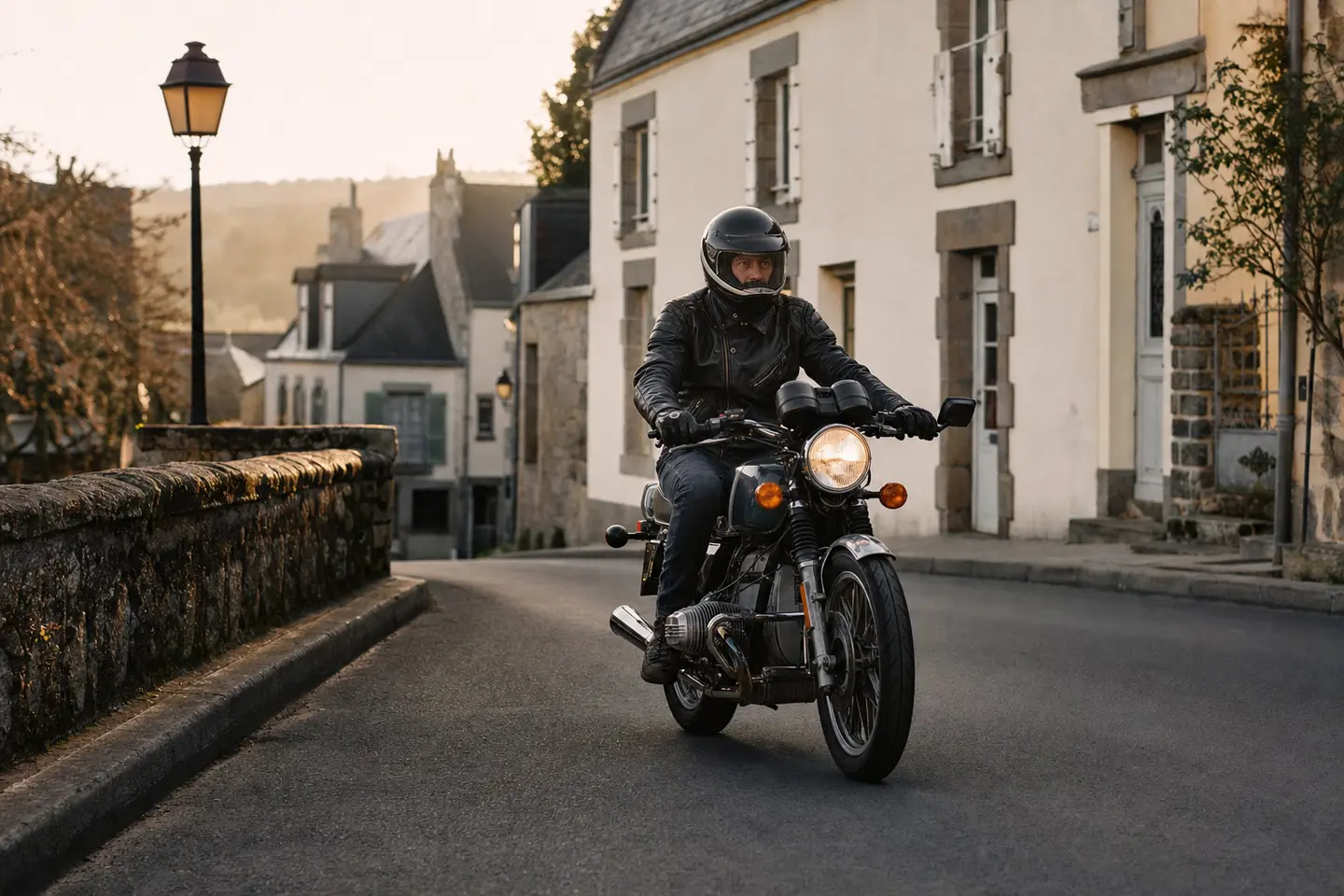 Motard utilisant sa moto de collection des années 1980 pour un trajet quotidien en ville