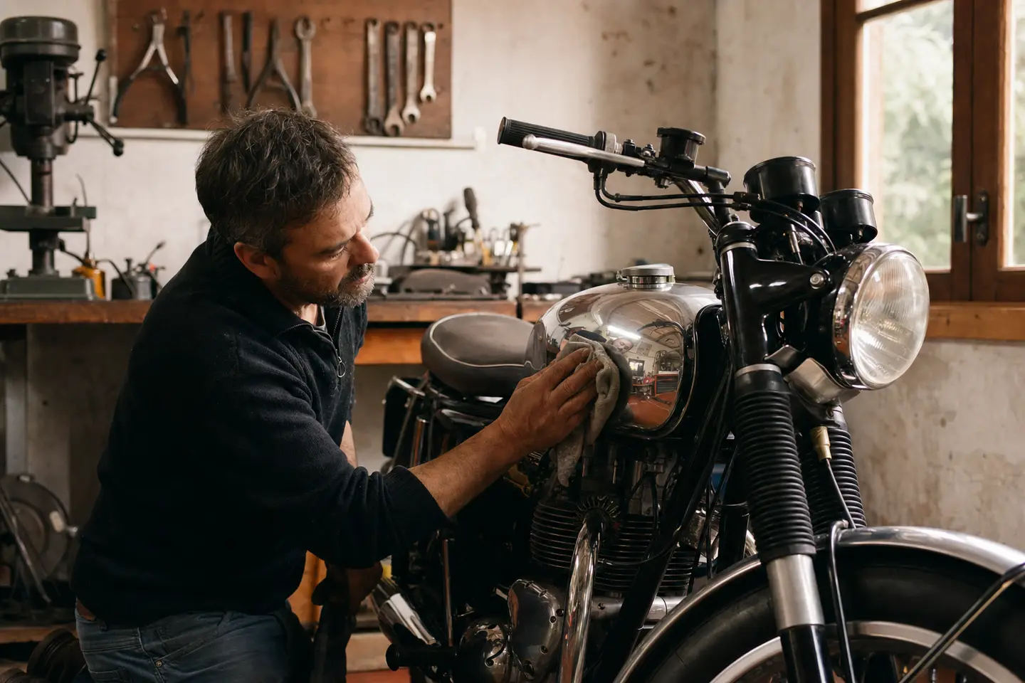 Collectionneur entretenant le réservoir chromé d'une moto ancienne dans son garage fermé