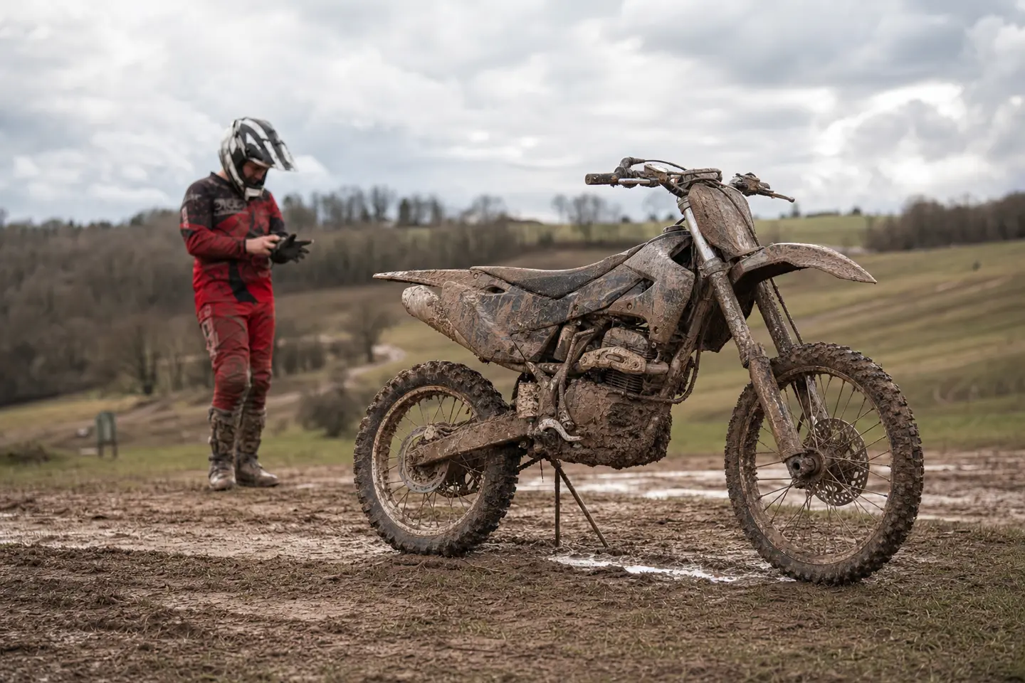 Moto cross non homologuée sur un terrain de pratique boueux, pilote en équipement complet en arrière-plan