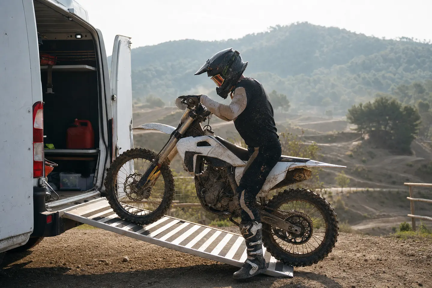 Pilote en équipement complet déchargeant sa moto cross d'un fourgon à l'entrée d'un terrain d'entraînement