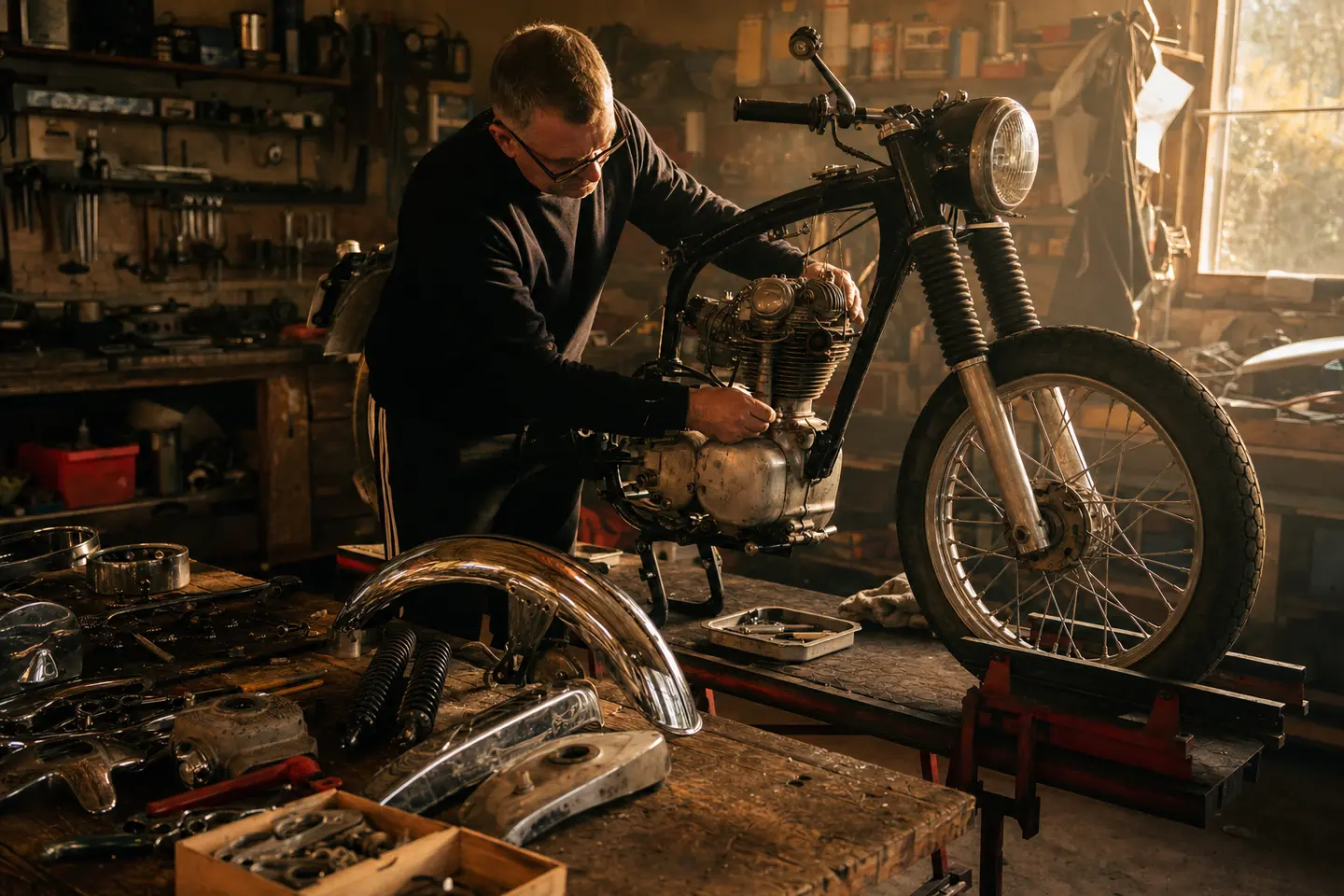 Moto ancienne en cours de restauration sur béquille d'atelier dans un garage, couverte par une assurance garage mort
