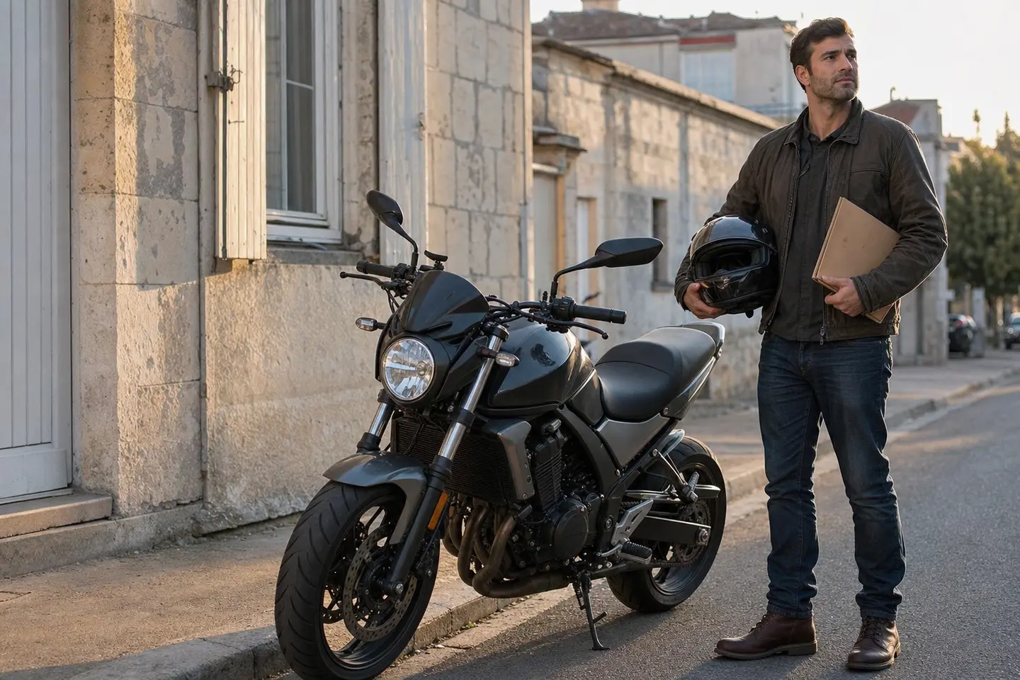 Motard tenant son casque et un dossier à côté d'une moto stationnée dans une rue résidentielle française