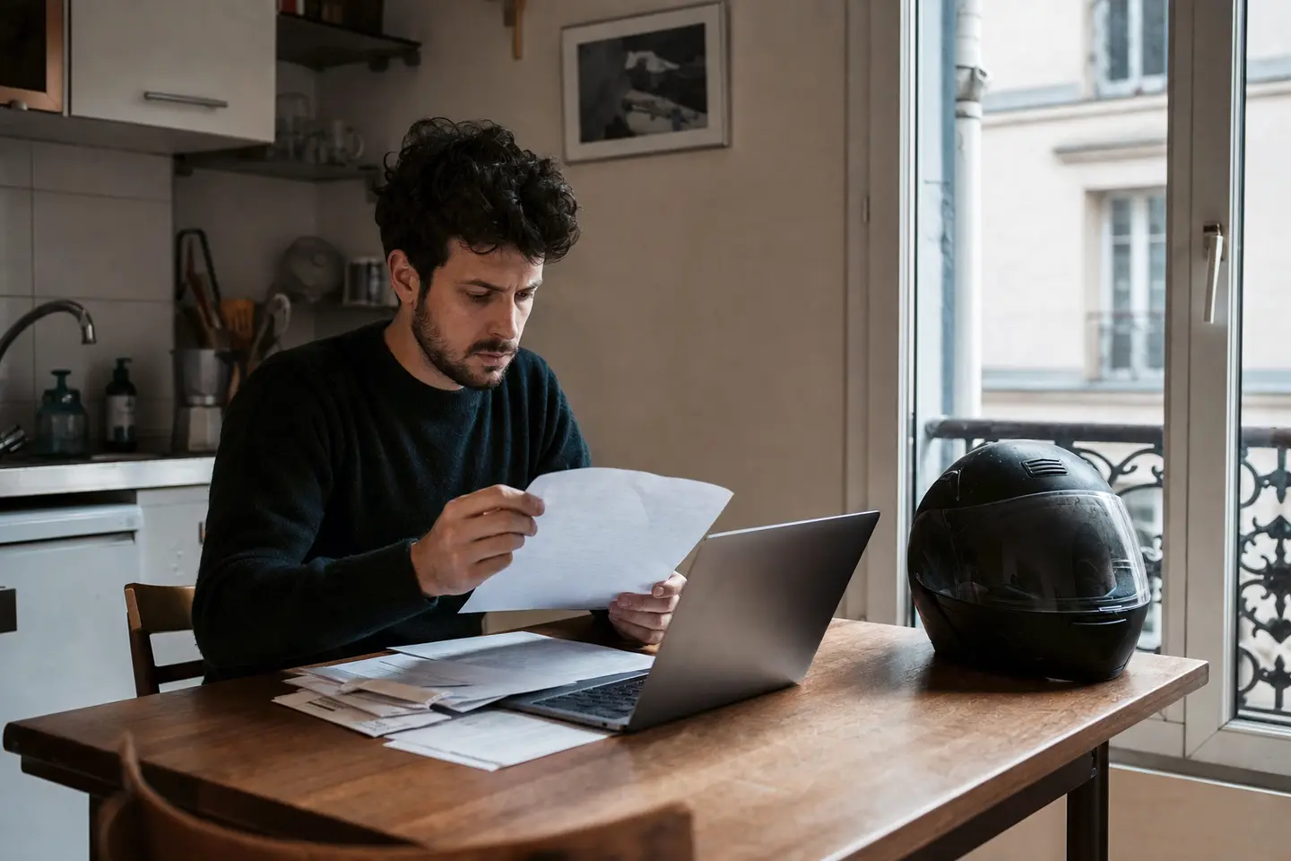 Motard consultant ses courriers d'assurance et comparant des devis après une résiliation pour non-paiement