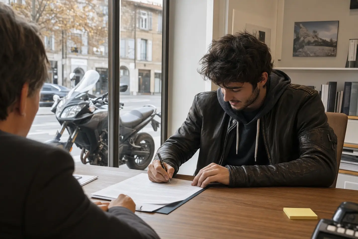 Motard signant un contrat d'assurance dans une agence, sa moto garée dans la rue visible par la fenêtre