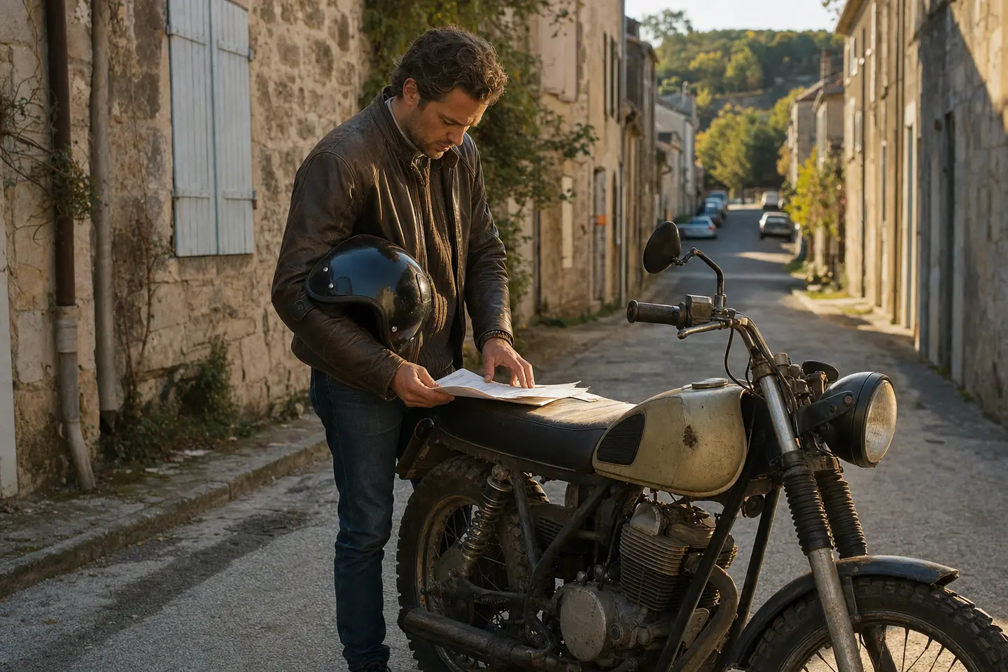 Motard vérifiant les documents d’une moto d’occasion avant un convoyage, cas typique d’assurance moto temporaire