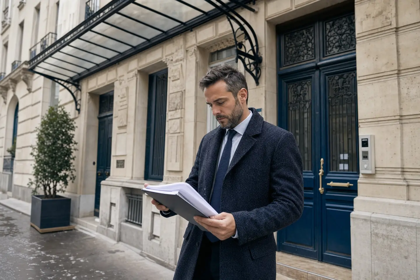 Gestionnaire d’immeuble consultant un dossier devant l’entrée d’une copropriété française