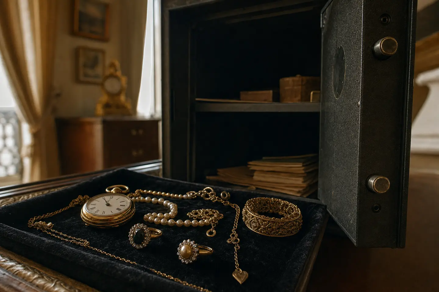 Bijoux anciens et montre en or posés sur un plateau de velours devant un coffre-fort domestique ouvert