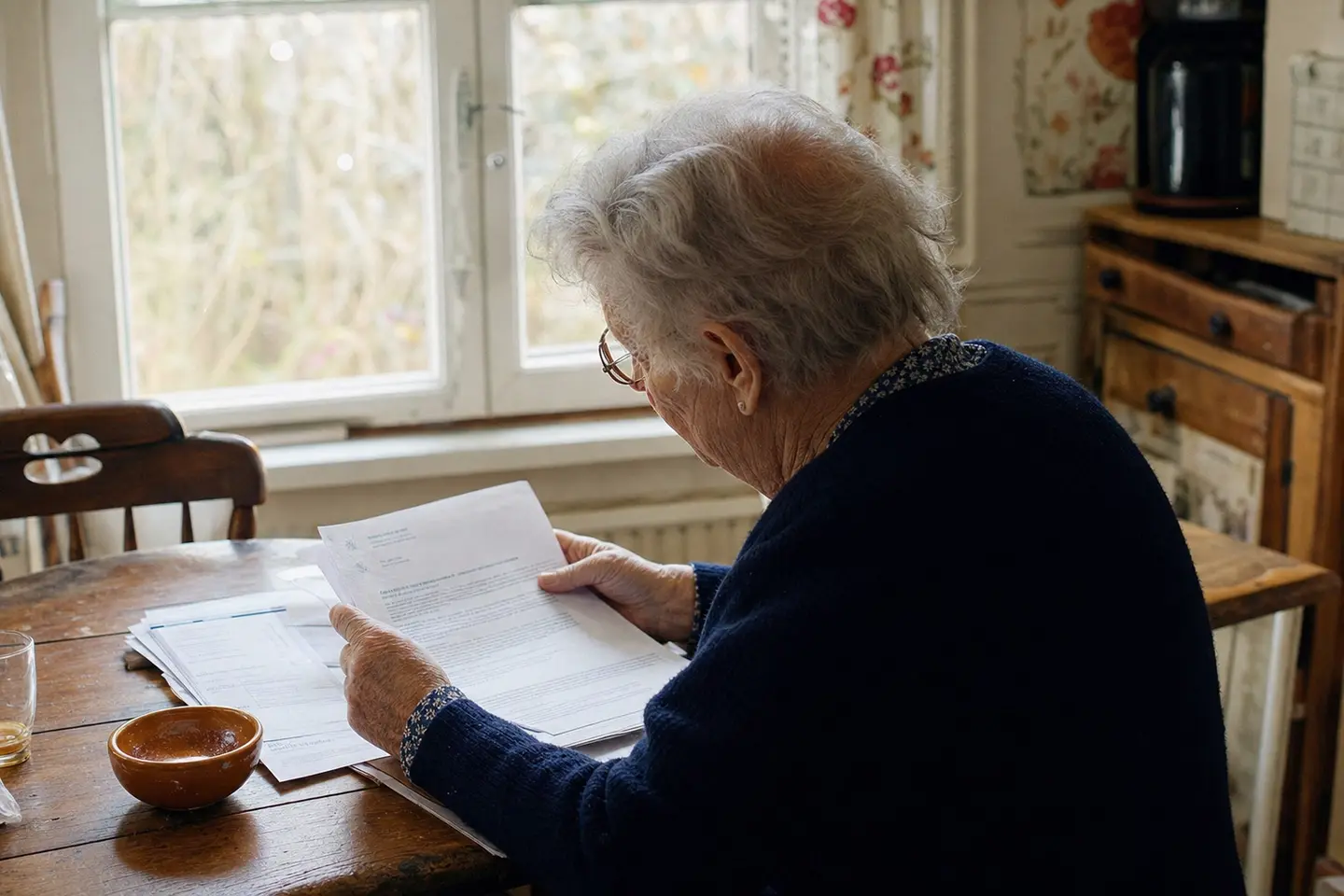 Femme d'environ 82 ans consultant des documents d'assurance obsèques à la table de sa cuisine