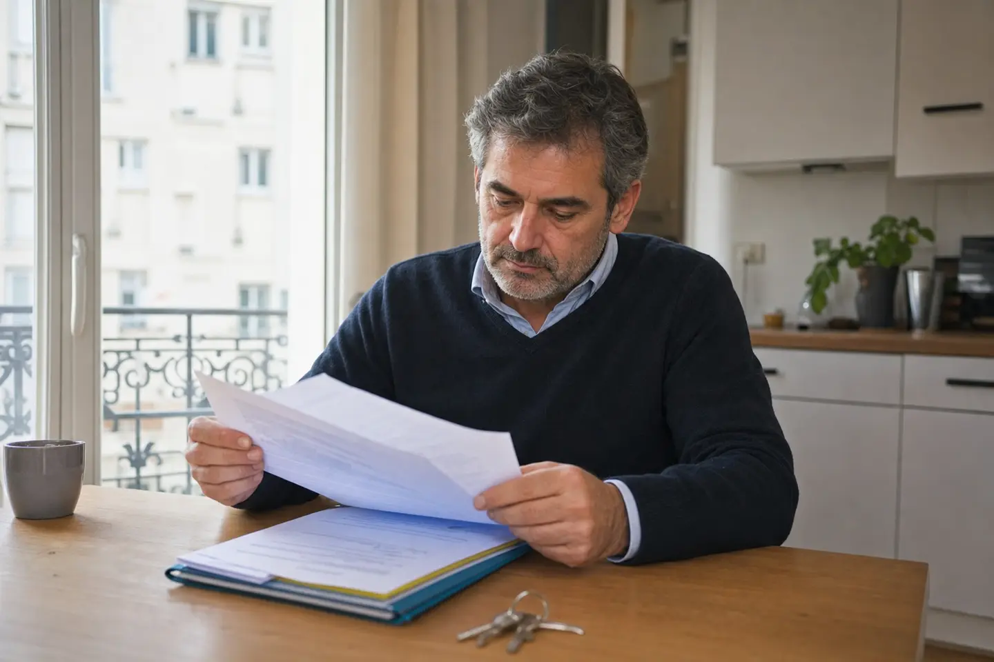 Propriétaire bailleur examinant son contrat d'assurance PNO à côté de l'attestation de son locataire