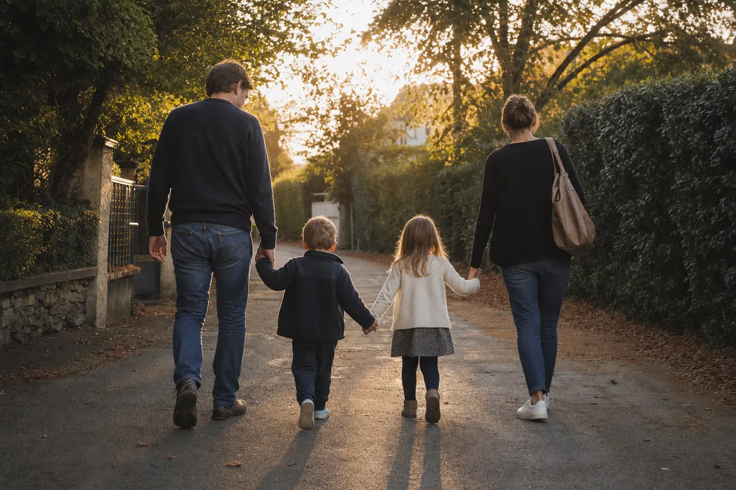Une famille marche sereinement près de chez elle, symbole de la protection apportée par l'assurance prévoyance