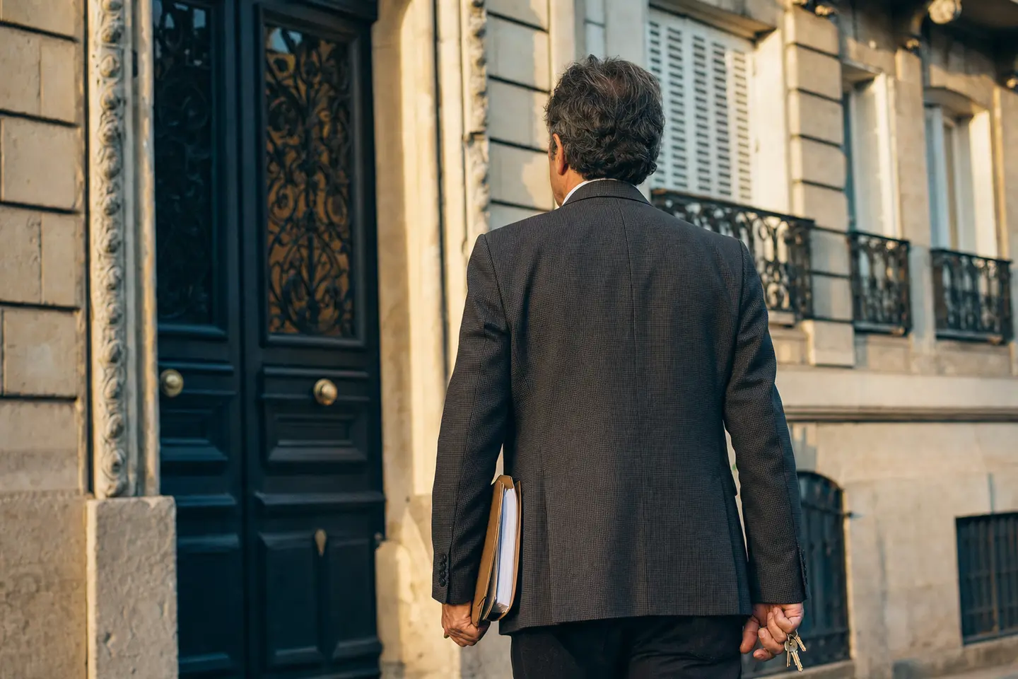 Propriétaire bailleur devant un immeuble haussmannien, clés et dossier d'assurance à la main