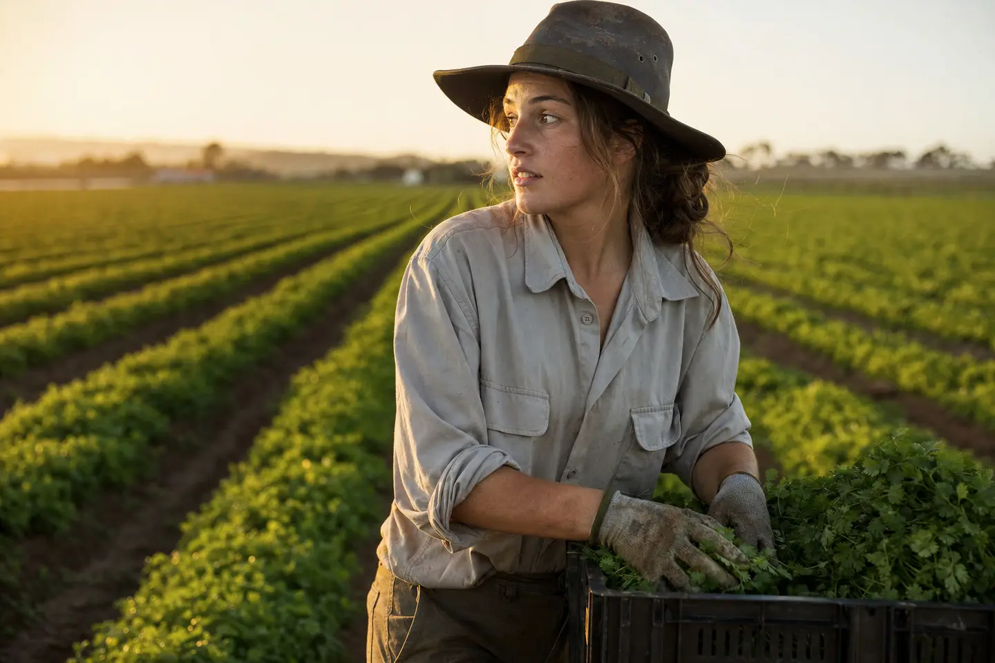 Jeune pvtiste française au travail dans une ferme australienne au lever du soleil, gants et chapeau