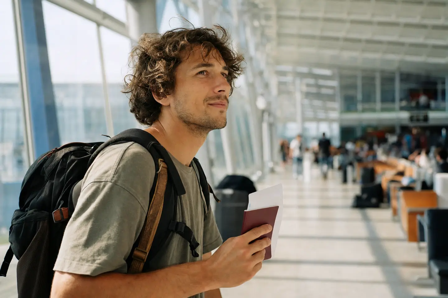 Jeune voyageur avec un grand sac à dos tenant son passeport dans un hall d'aéroport avant un départ en PVT