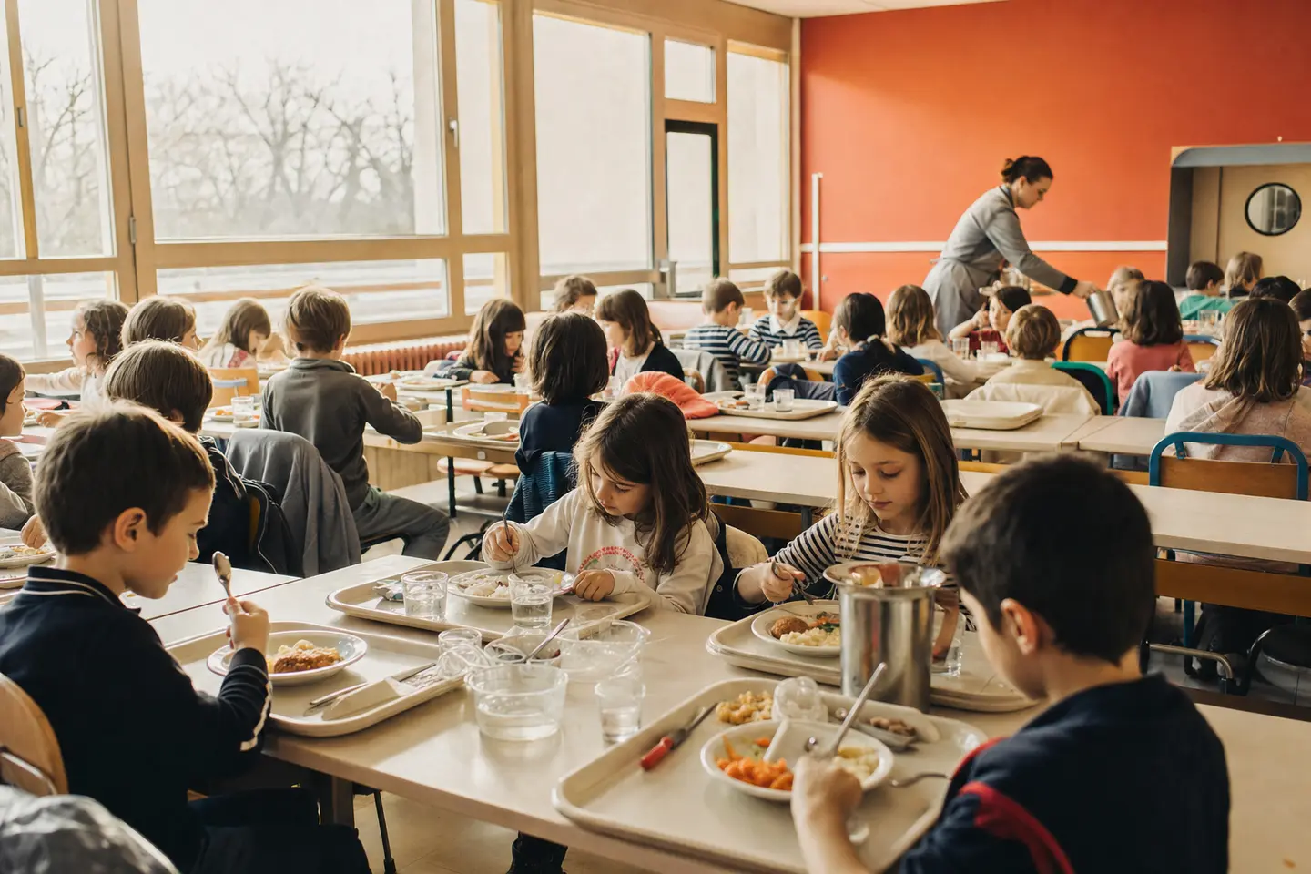 Des enfants déjeunant à la cantine scolaire, plateaux en main, sous la surveillance d'un adulte