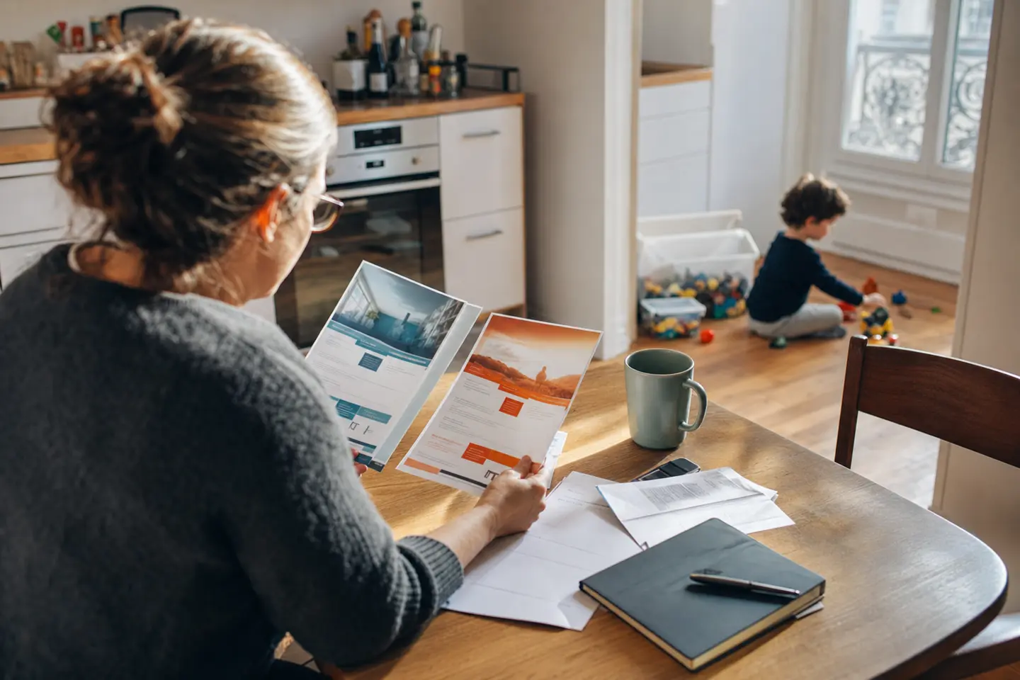 Parent comparant deux brochures d'assurance à la table de la cuisine pendant qu'un enfant joue en arrière-plan, dans un appartement français