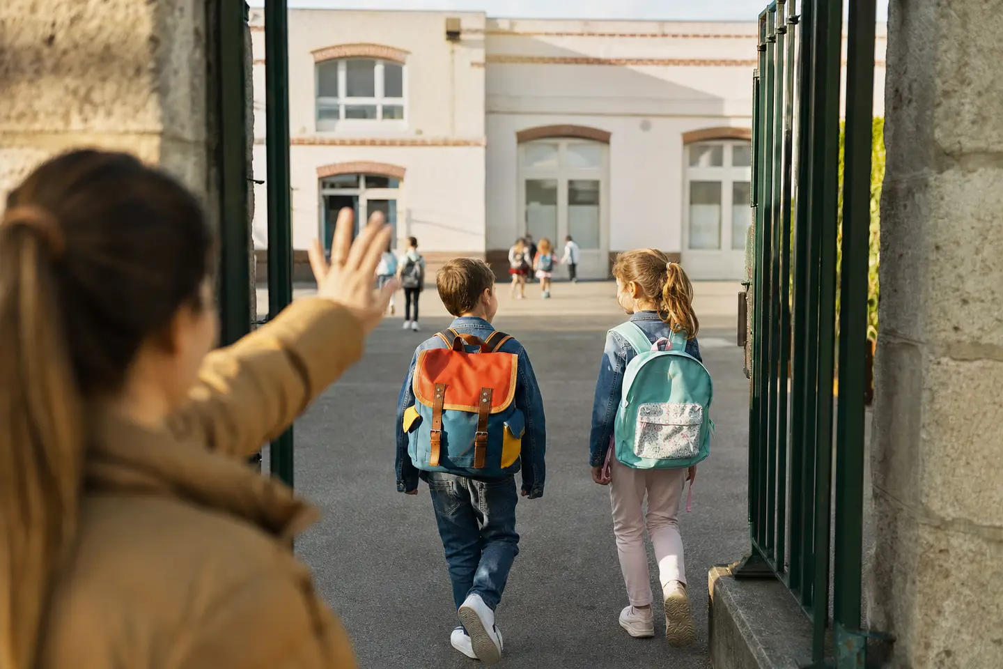 Deux enfants avec leur cartable franchissant le portail d'une école primaire française un matin de rentrée