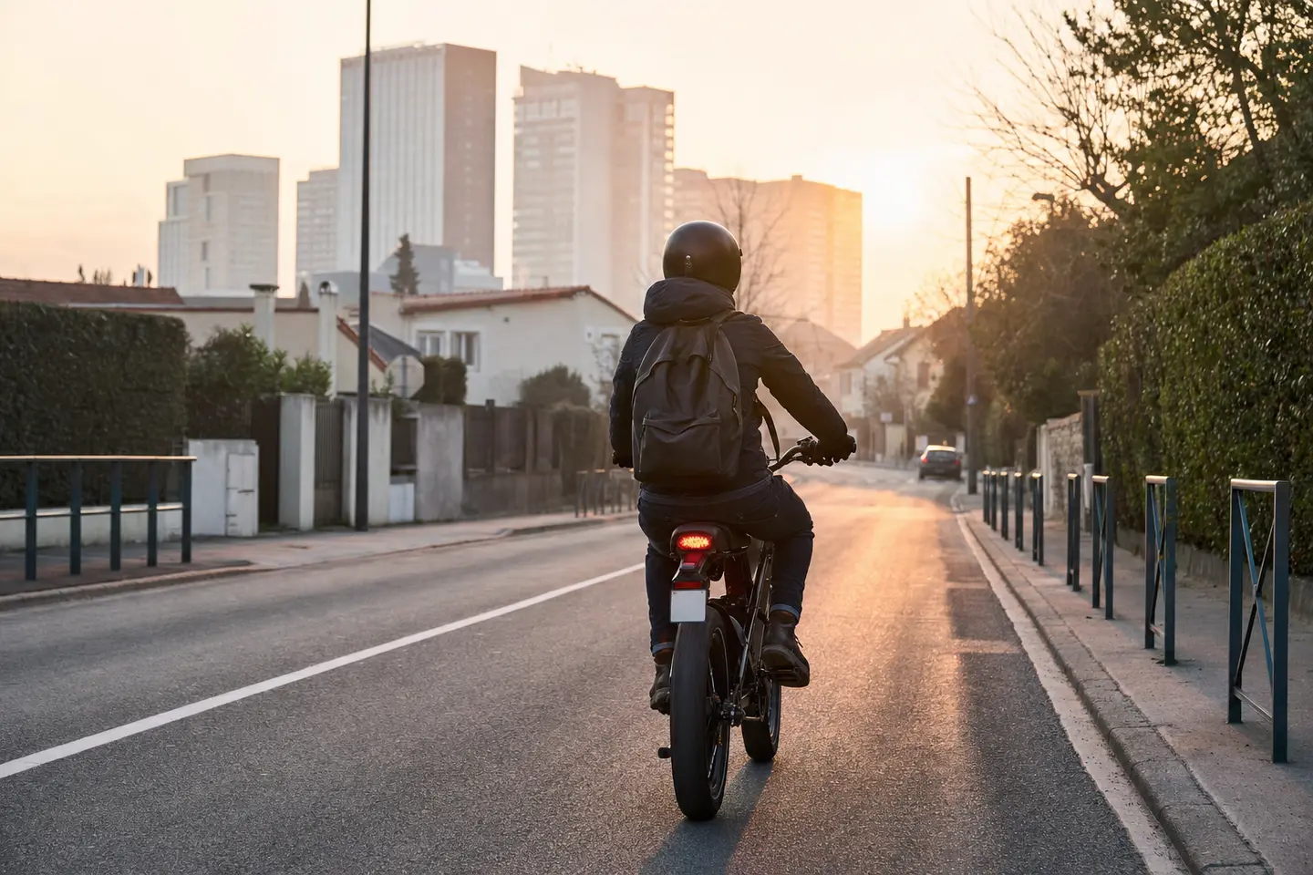 Cycliste casqué circulant sur un speed bike immatriculé avec plaque sur une route périurbaine française