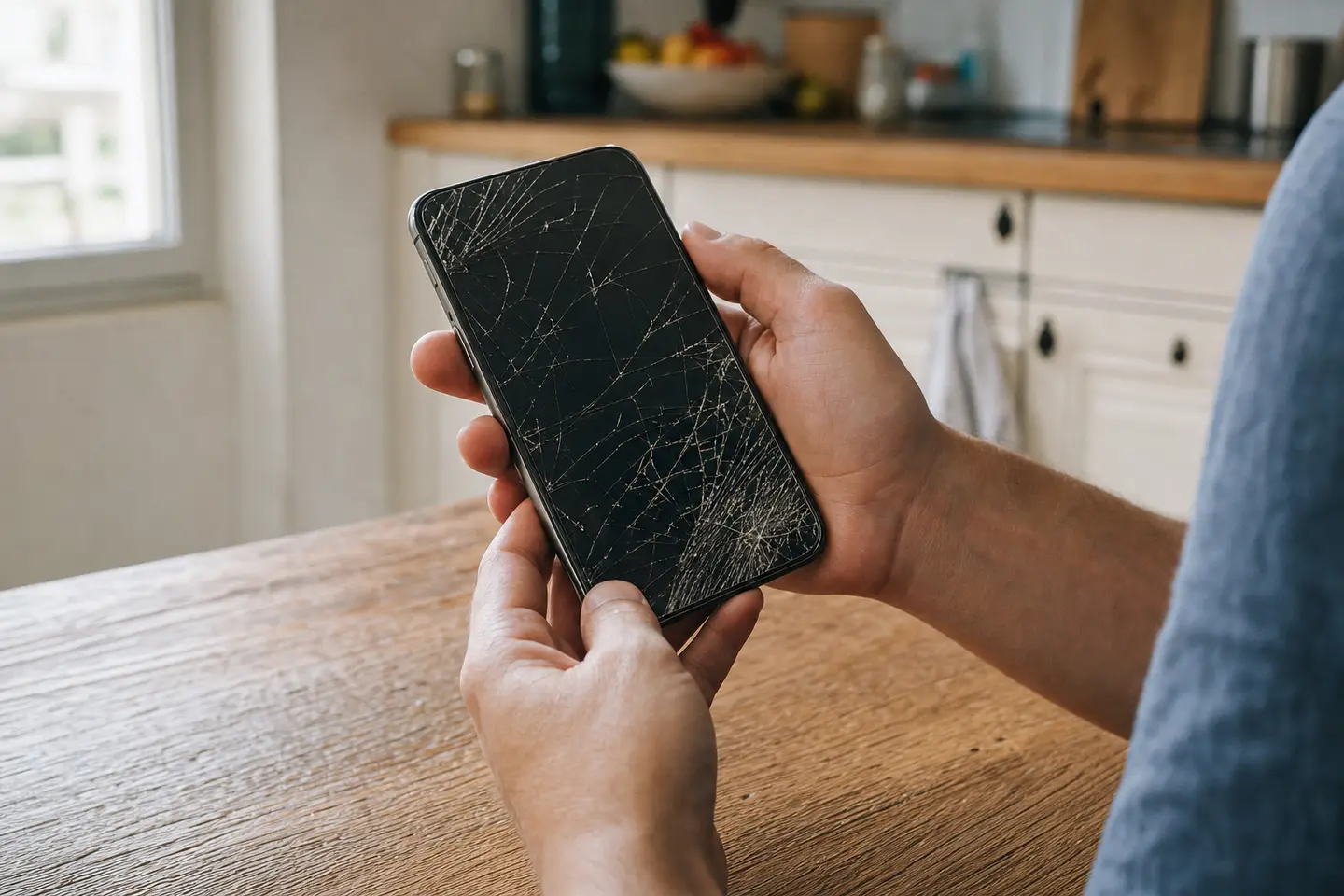 Deux mains tiennent un smartphone à l'écran fortement fissuré au-dessus d'une table en bois