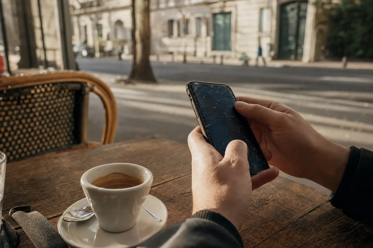Smartphone à l'écran fissuré tenu en main à la terrasse d'un café en France