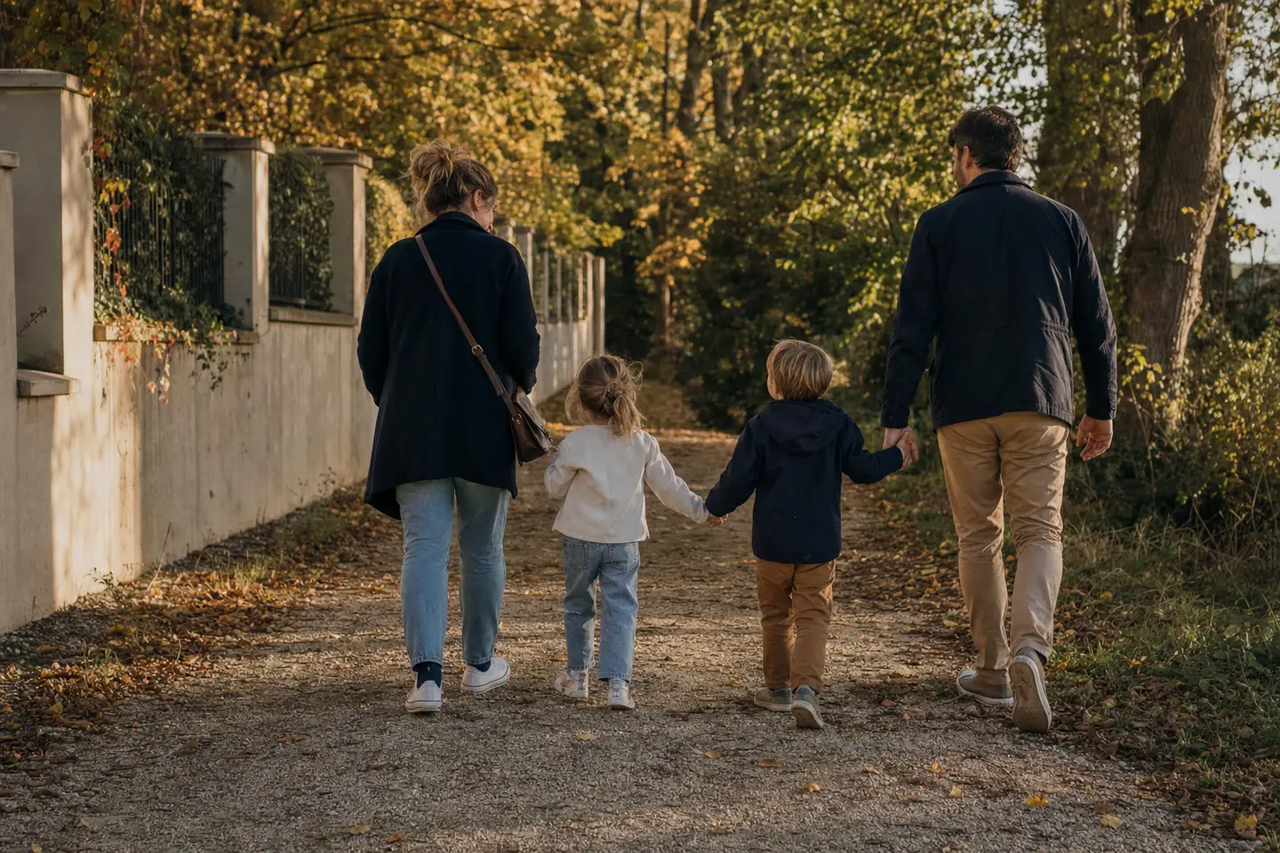 Famille avec deux enfants marchant près de chez elle, illustration de la période de vulnérabilité couverte par l'assurance temporaire décès