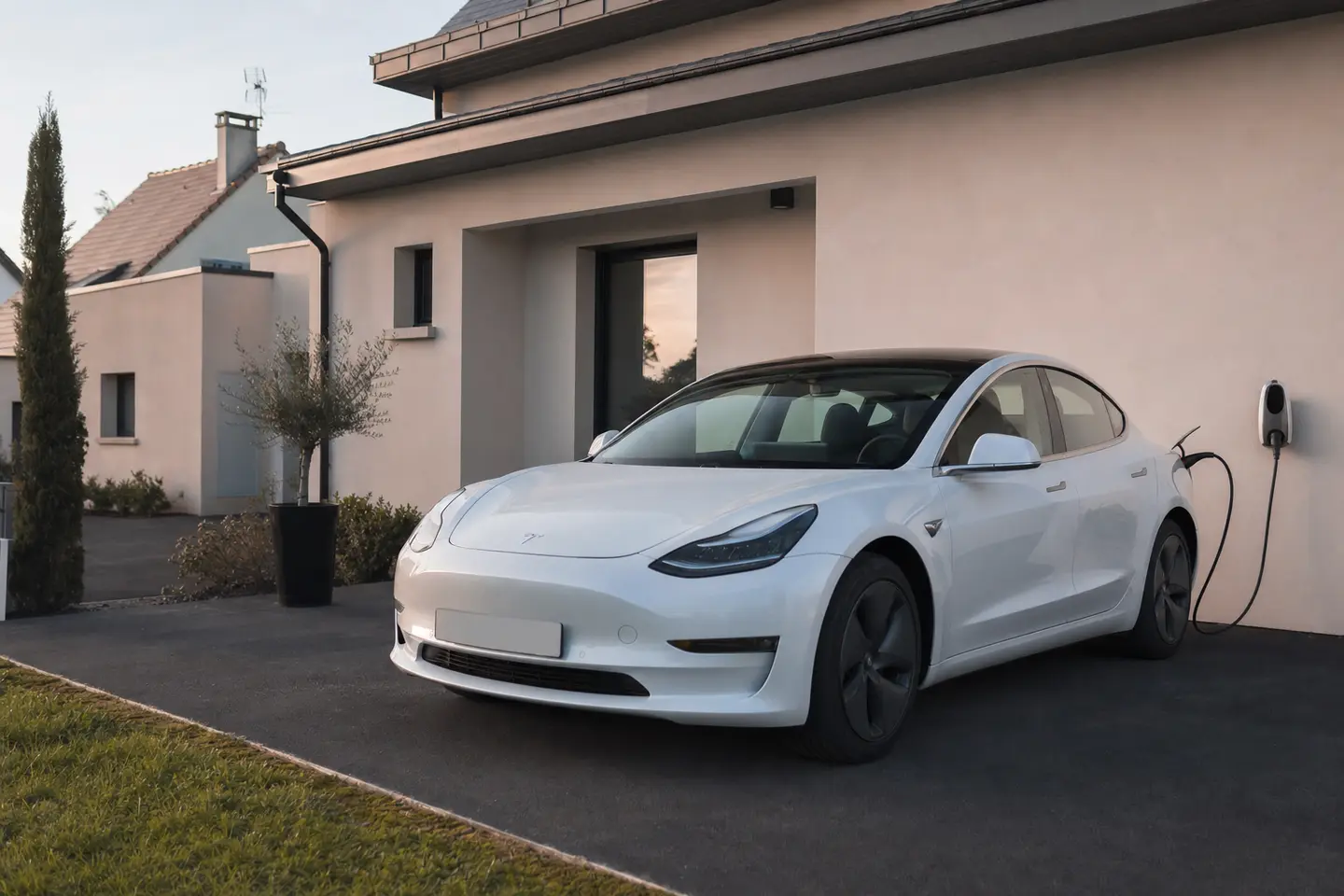 Tesla Model 3 blanche stationnée devant une maison française équipée d'une borne de recharge, illustration du coût d'assurance des Tesla