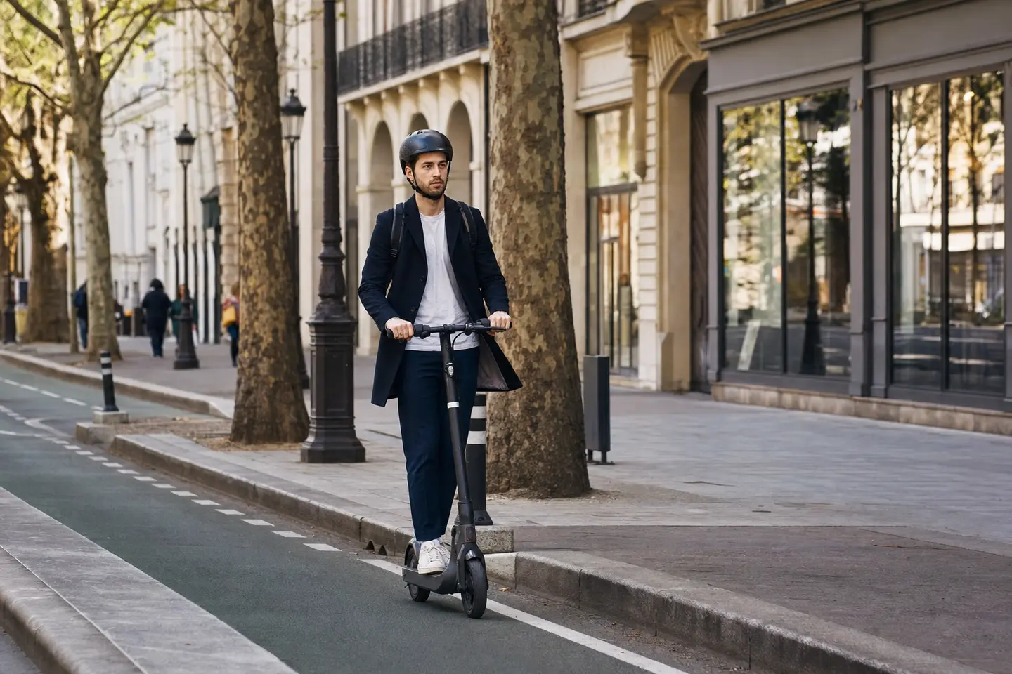 Conducteur casqué circulant en trottinette électrique sur une piste cyclable en ville