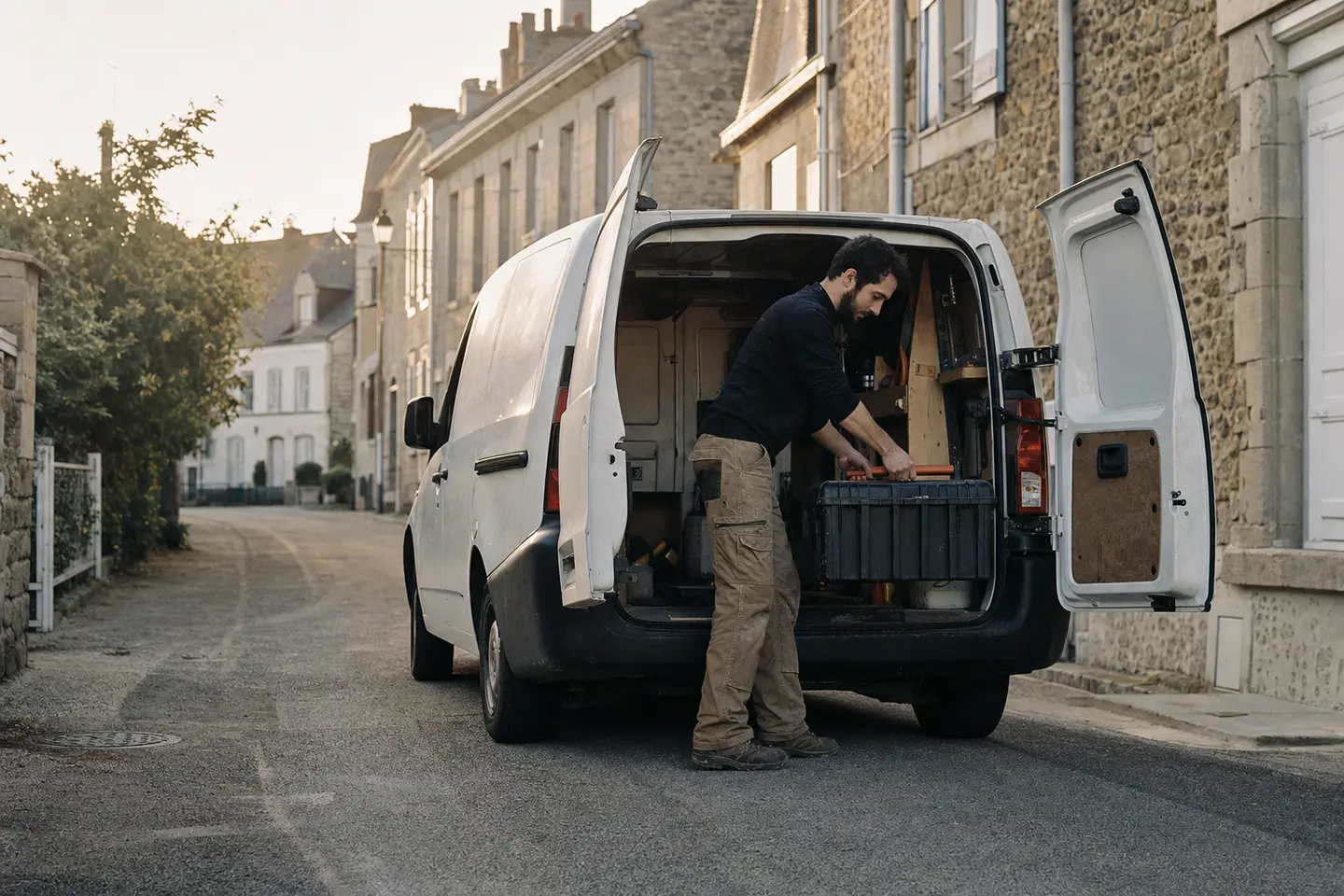 Artisan auto-entrepreneur chargeant sa caisse à outils dans un fourgon utilitaire blanc