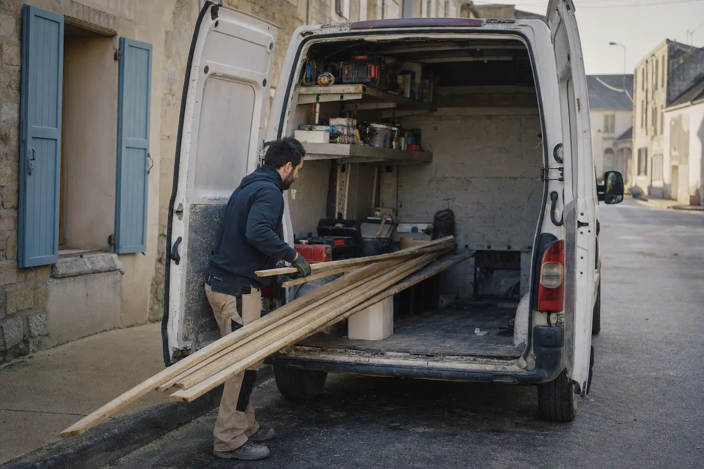 Artisan chargeant du materiel a l'arriere d'un fourgon utilitaire blanc amenage de rayonnages