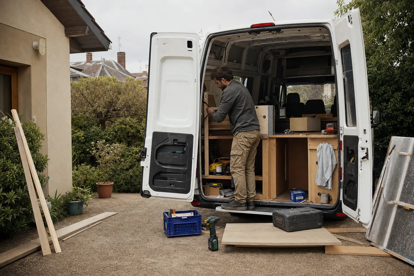 Aménagement artisanal d'un fourgon en van : pose d'un meuble de cuisine en bois dans le véhicule