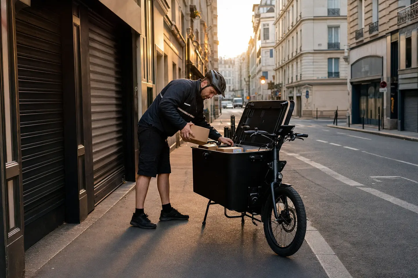 Livreur chargeant des colis dans la caisse d'un vélo cargo électrique professionnel dans une rue parisienne au petit matin