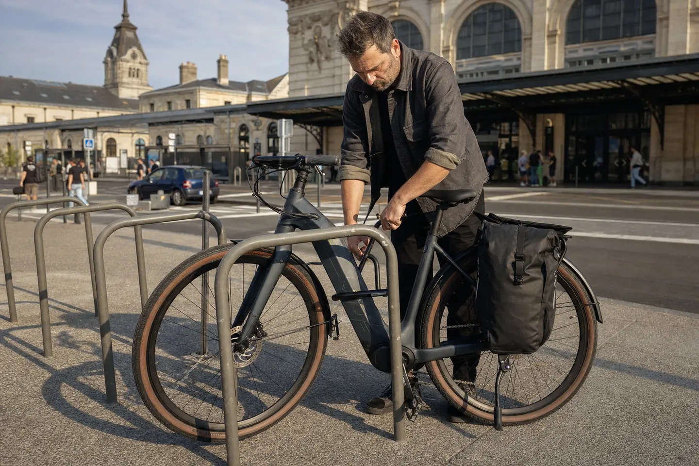 Cycliste attachant son vélo électrique avec un antivol en U devant une gare française