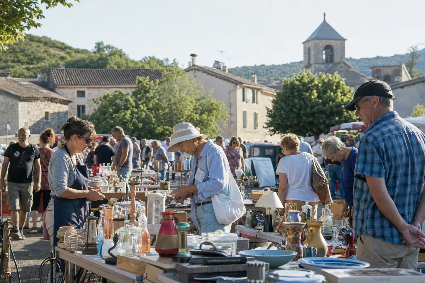 Vide-grenier associatif installé sur une place de village par une matinée ensoleillée, stands d'objets d'occasion et visiteurs, illustration de l'organisation d'une brocante