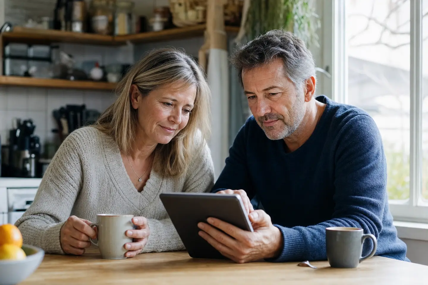 Un couple de cinquantenaires consulte le relevé de son contrat d'assurance vie sur une tablette à la maison