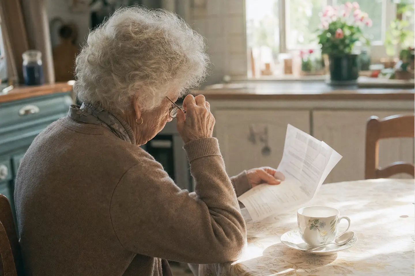 Une femme âgée lit un document financier à la table de sa cuisine dans une lumière matinale douce