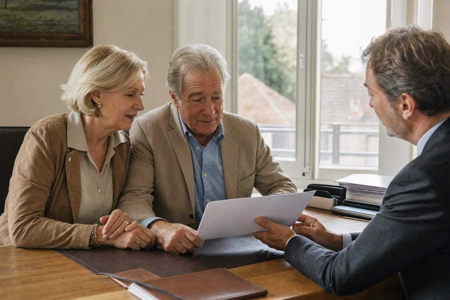 Un couple de retraités examine son contrat d'assurance vie avec un conseiller autour d'un bureau