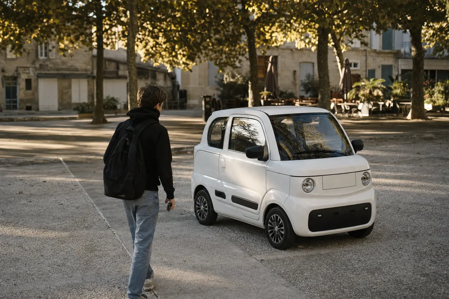 Voiturette sans permis stationnée sur la place d'un village français, un adolescent s'en approche avec les clés