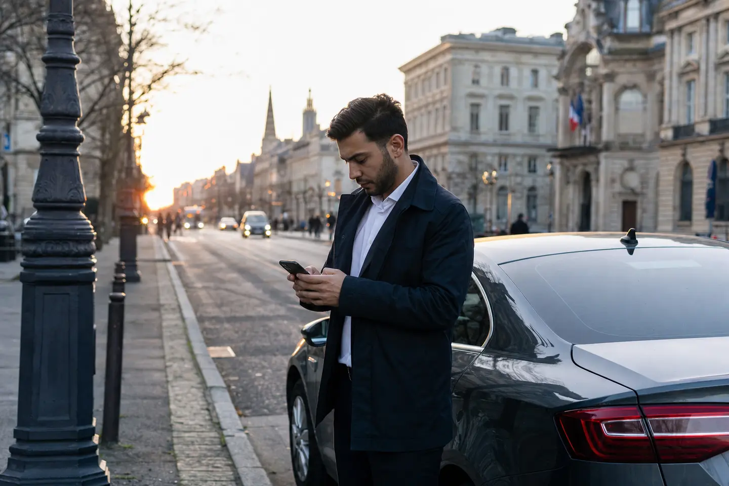 Jeune chauffeur VTC à côté de sa berline en ville, consultant son application au petit matin