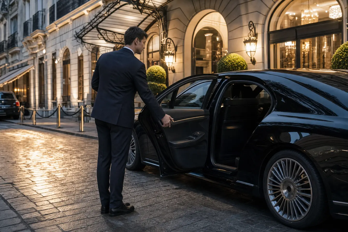 Chauffeur VTC en costume ouvrant la portiere arriere d'une berline noire devant un hotel