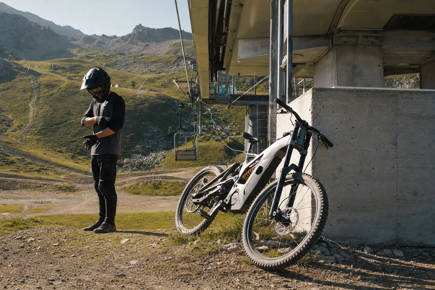 VTT électrique appuyé contre une gare de télésiège dans un bike park alpin français en été