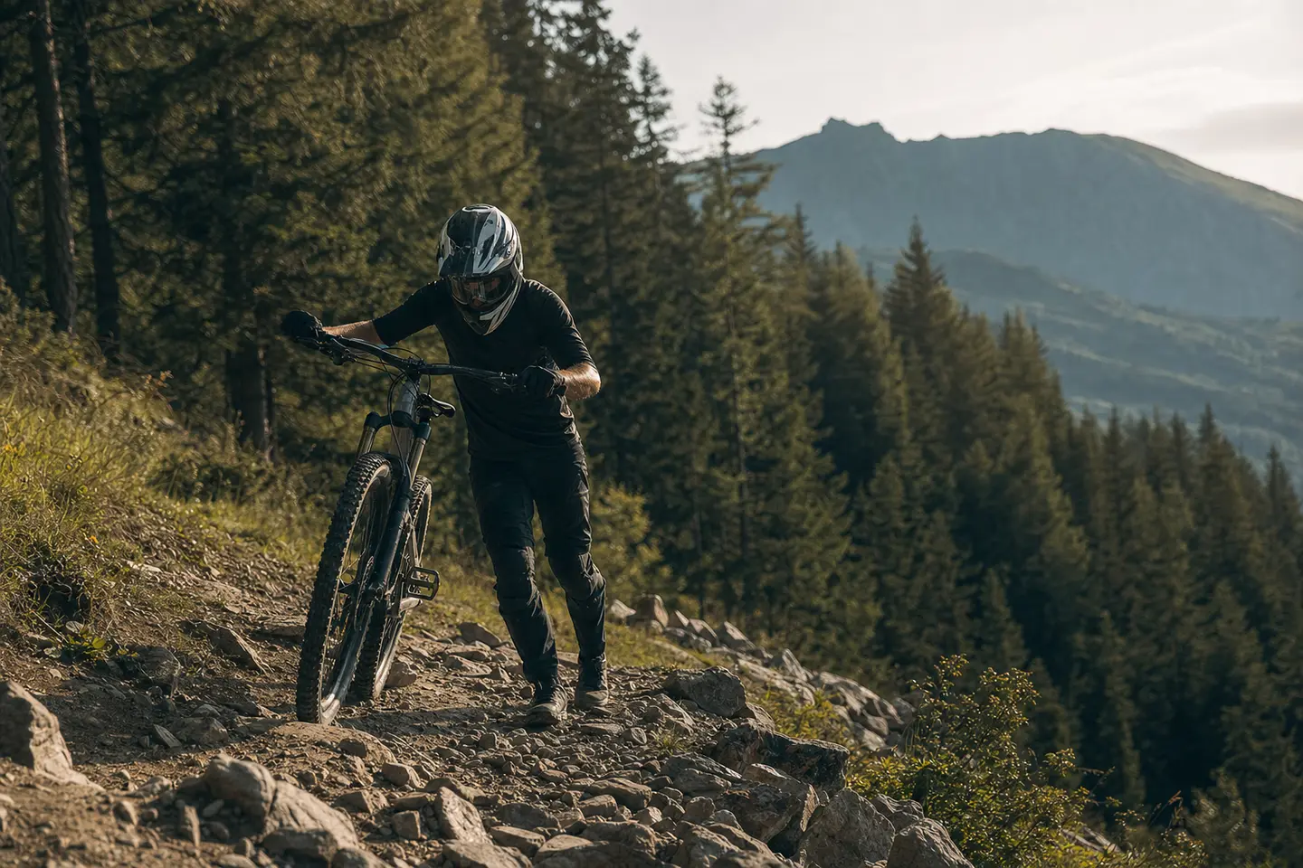 Vététiste poussant son VTT enduro sur un sentier rocheux de montagne dans les Alpes françaises