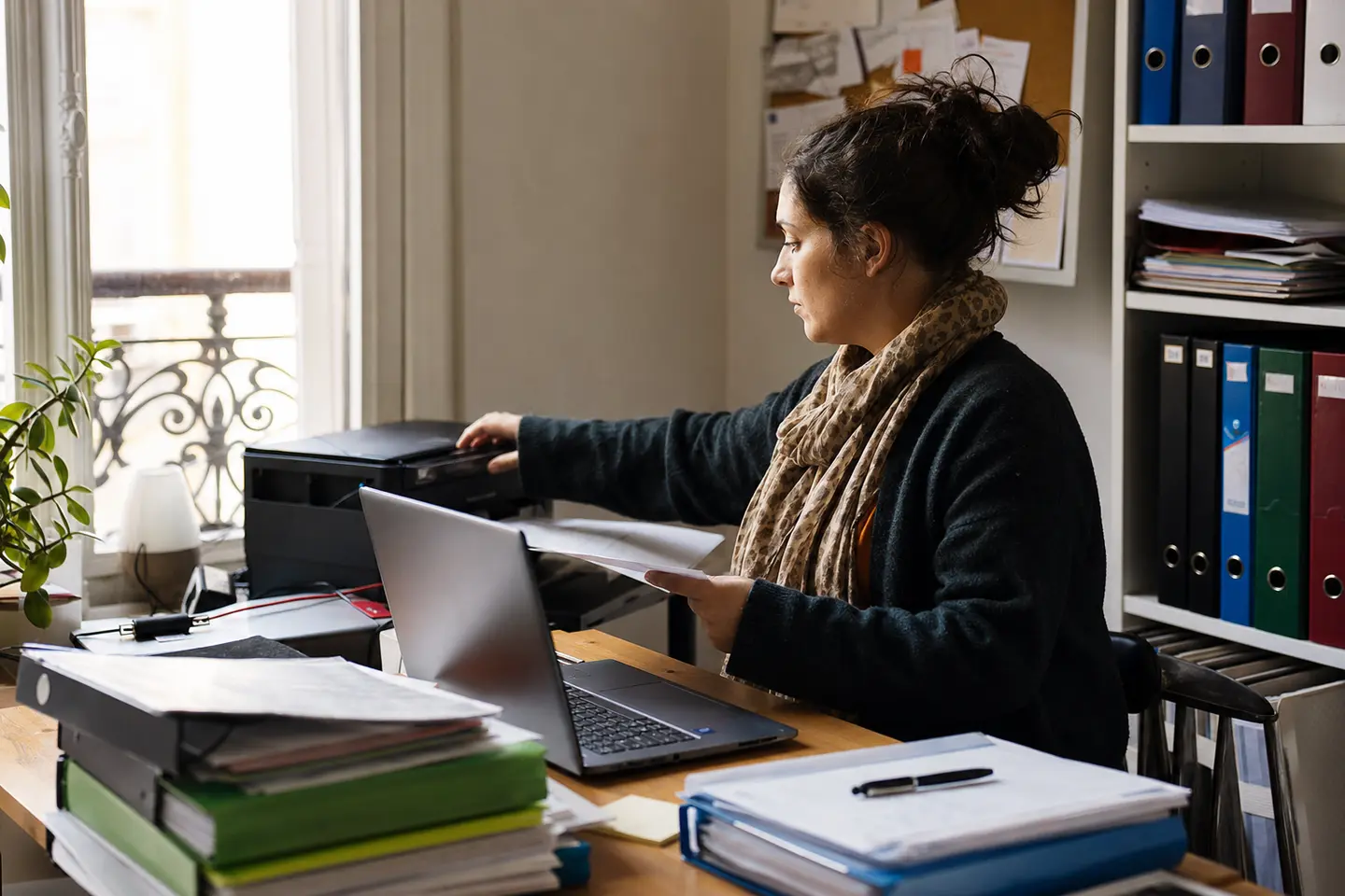 Bénévole imprimant une attestation d'assurance depuis un ordinateur portable dans un bureau associatif, dossiers de subvention à côté, illustration de l'obtention de l'attestation
