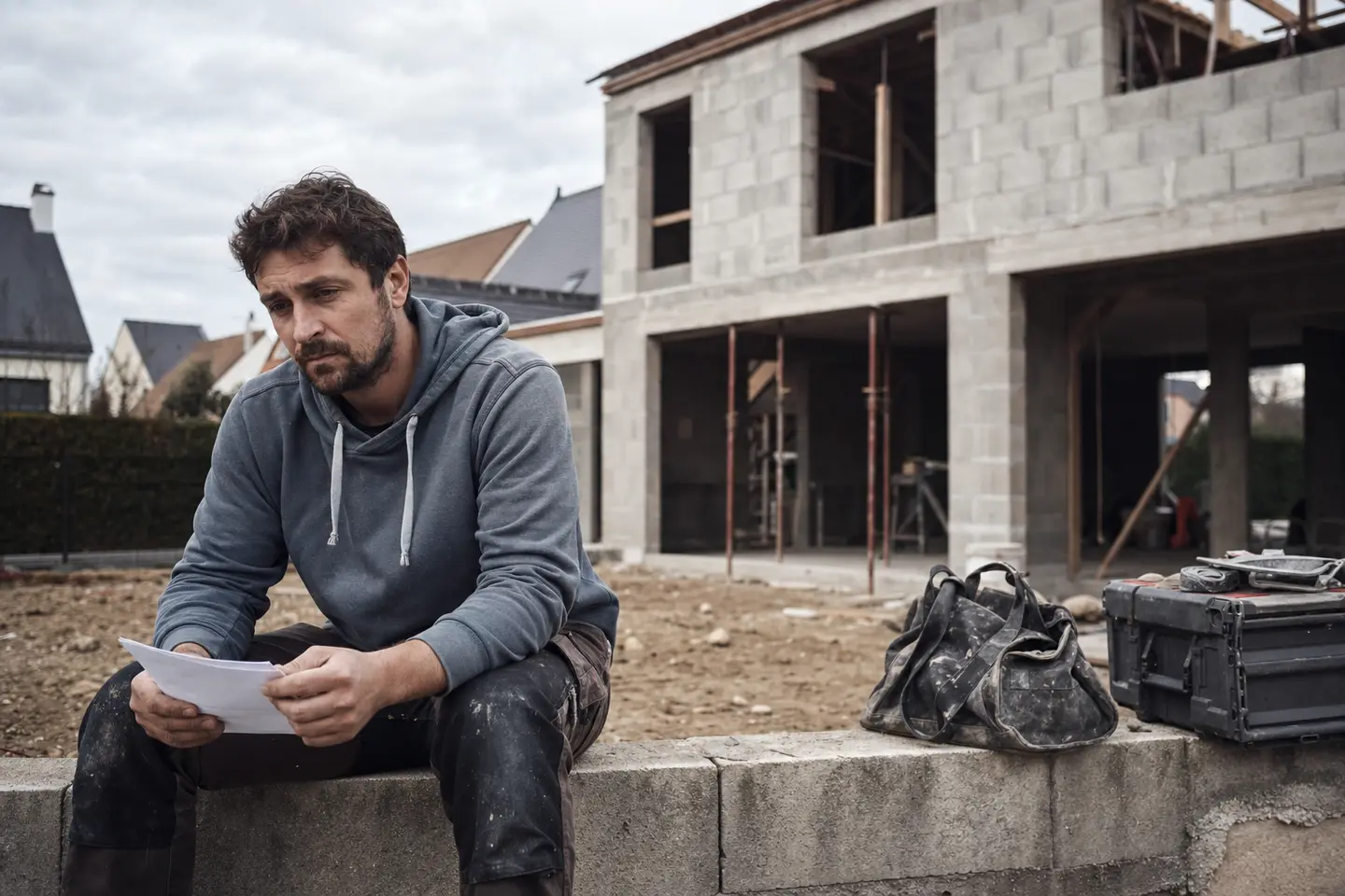 Artisan auto-entrepreneur du bâtiment songeur devant un chantier inachevé, un dossier d'assurance non ouvert à la main